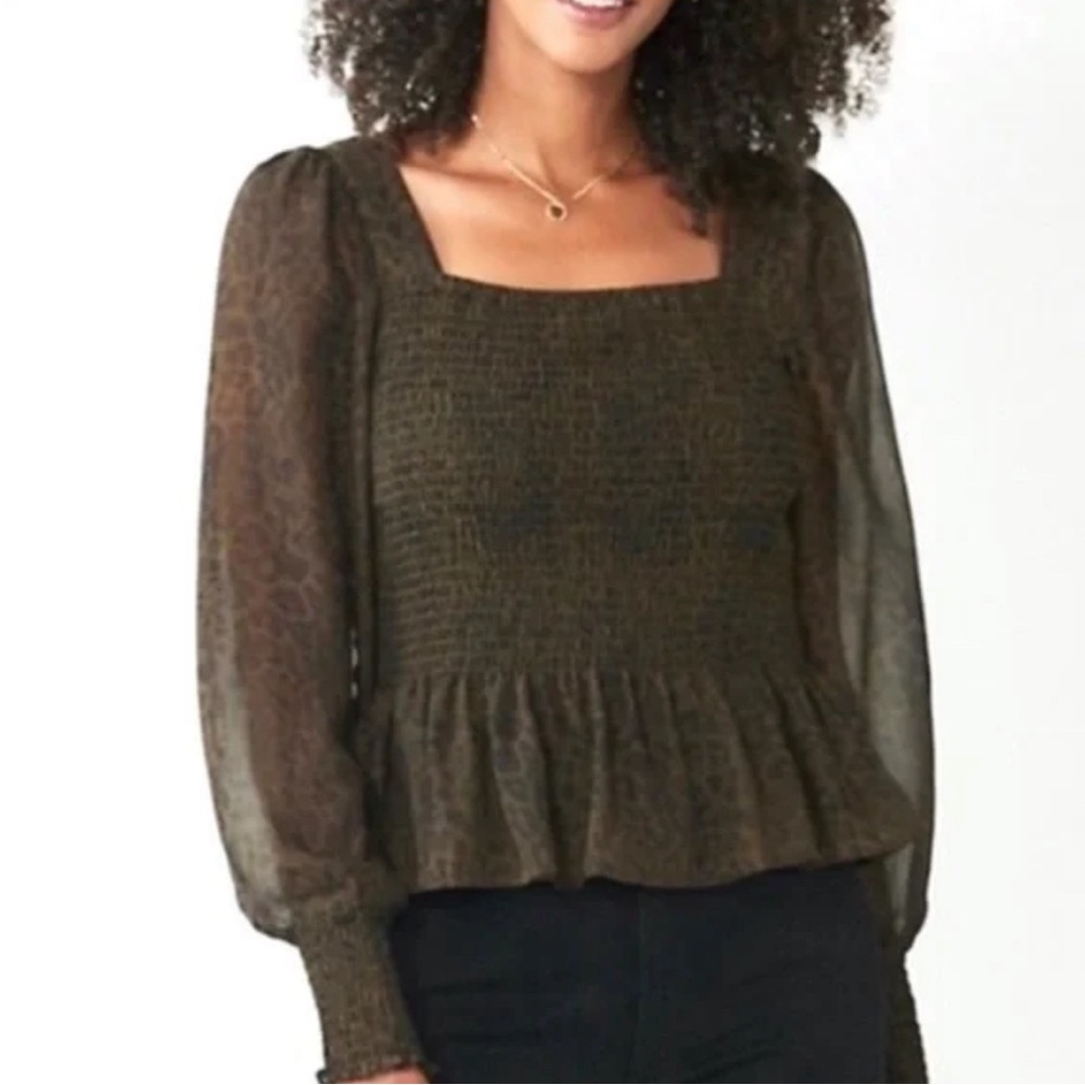 Nine West Animal Print Square Neckline Long Sleeve Blouse Large